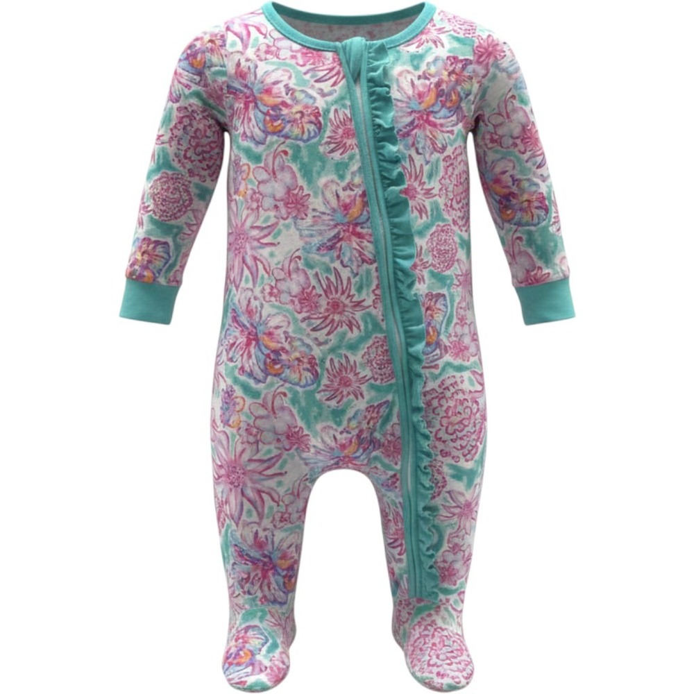 Sassy Soul Floral Ruffle Front Long Sleeve Romper Teal Pink Size 2T